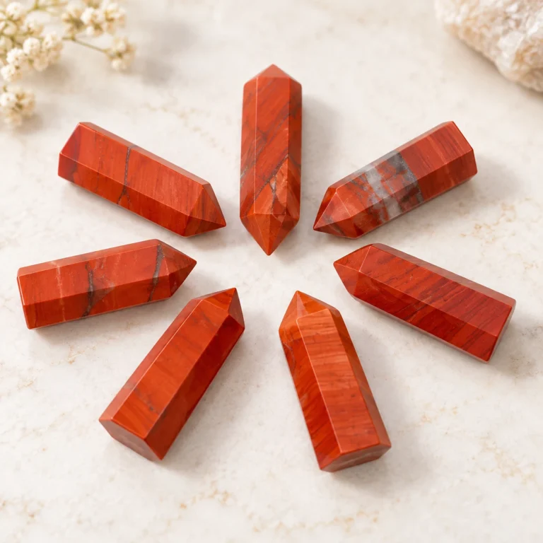 Red and orange crystal tower points arranged in a radial display