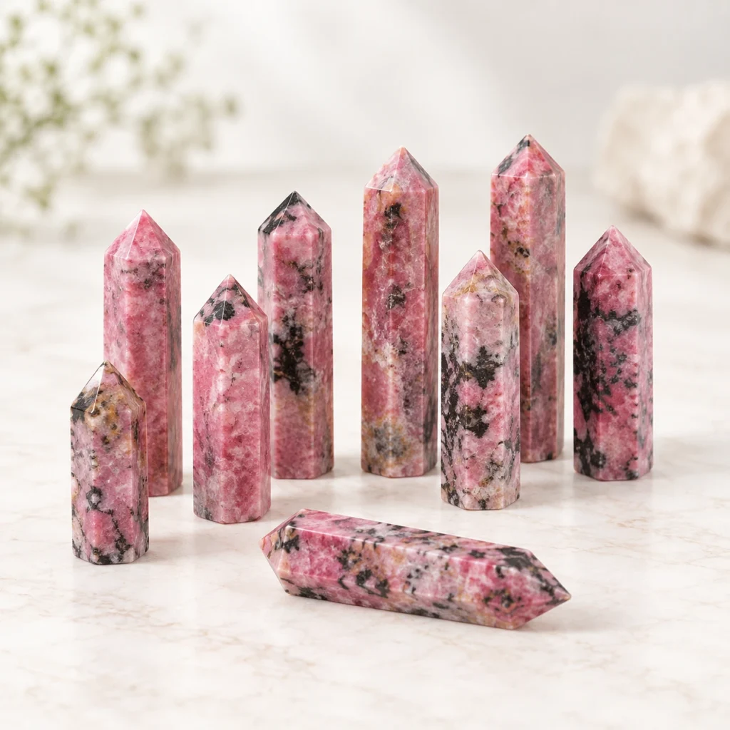 Pink and black patterned crystal tower points grouped in a studio product photo