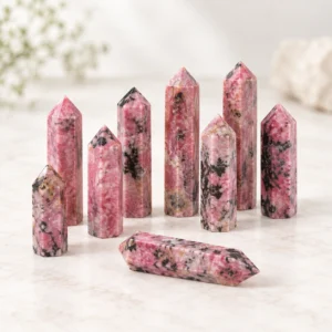 Pink and black patterned crystal tower points grouped in a studio product photo