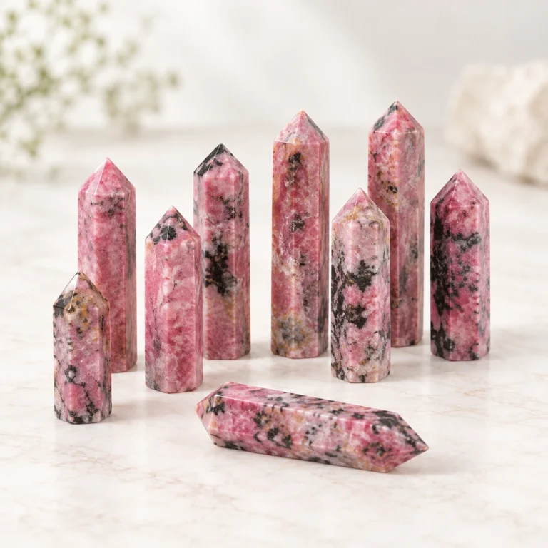 Pink and black patterned crystal tower points grouped in a studio product photo