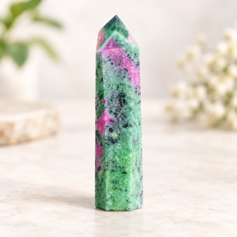 Green and pink ruby-zoisite style crystal tower point shown in a close-up product photo