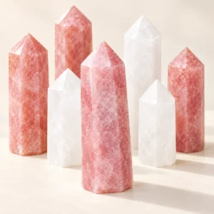 Rose quartz and white crystal towers arranged in a bright minimalist tabletop product photography scene.