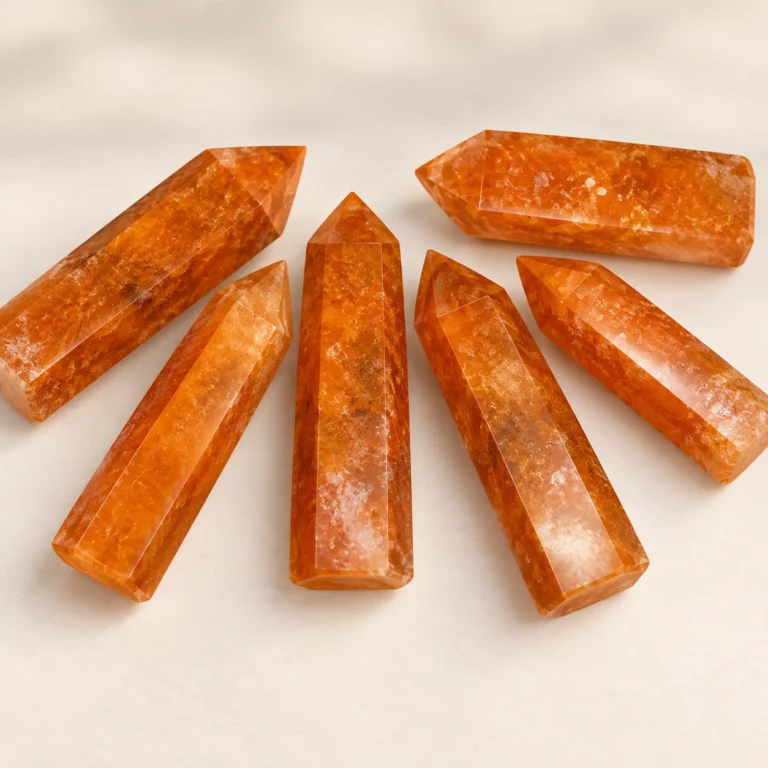 Orange crystal towers arranged in a fan shape on a light minimalist tabletop.