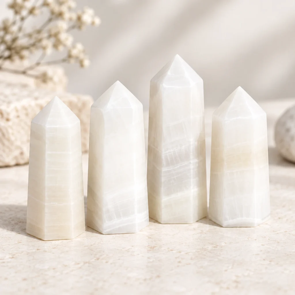 Four milky white striped crystal towers displayed on a light minimalist tabletop.