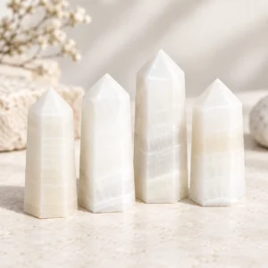Four milky white striped crystal towers displayed on a light minimalist tabletop.