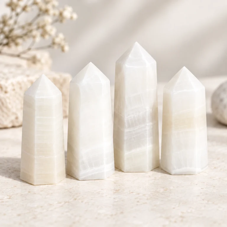 Four milky white striped crystal towers displayed on a light minimalist tabletop.