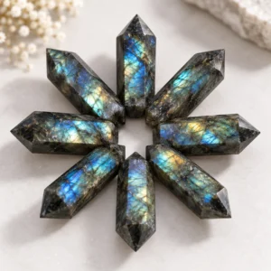 Labradorite crystal towers with blue and gold flash arranged in a radial starburst display.