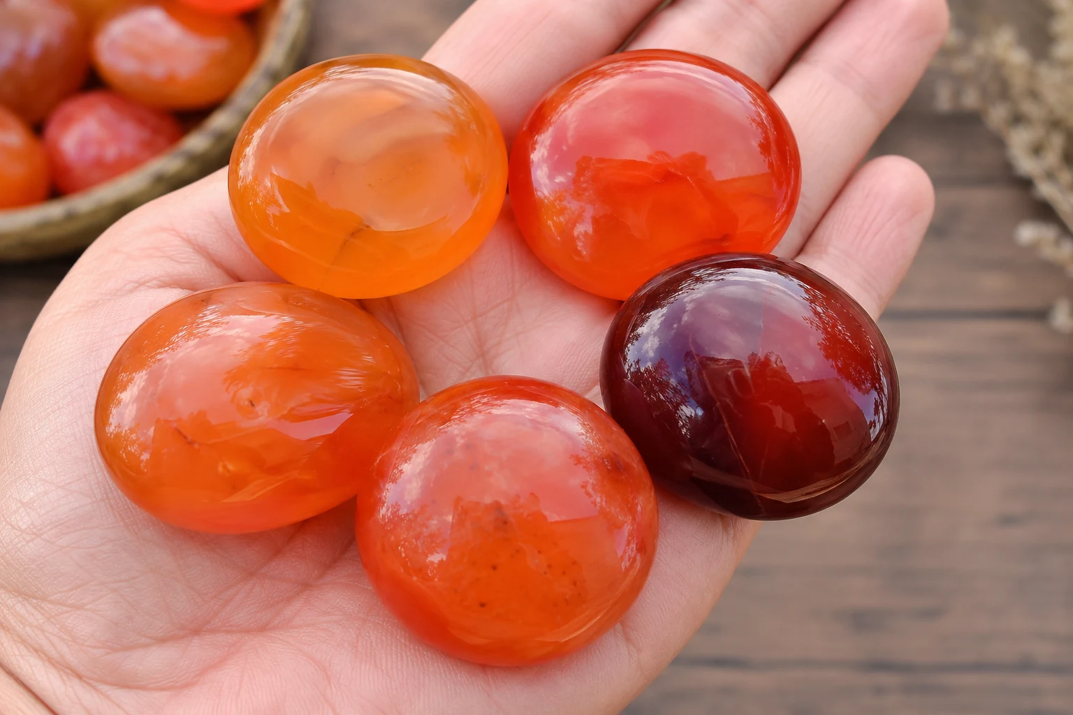 A hand holding a carnelian palm stone showing color variations