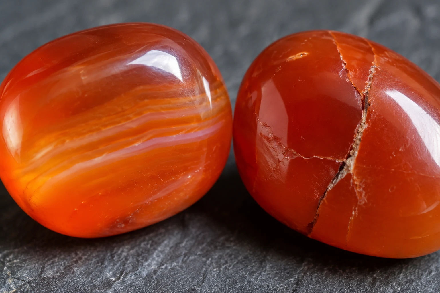 A close-up showing a natural internal band in carnelian vs a surface-reaching crack