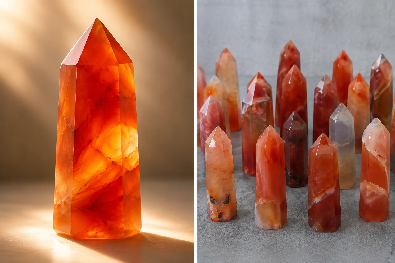 A "hero shot" photo of a carnelian tower next to a realistic photo of the batch