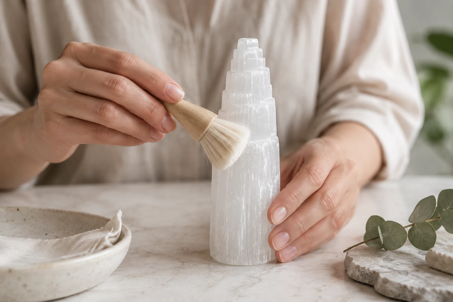 How to Clean Selenite Safely A person gently cleaning a selenite tower with a soft brush.