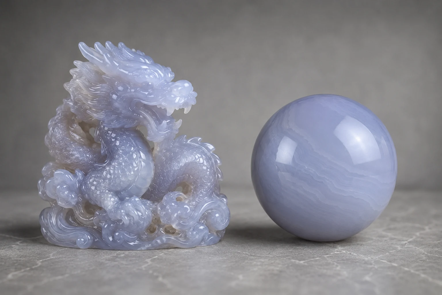 Crystal Carving Complexity vs. Material A detailed crystal carving next to a simple crystal sphere