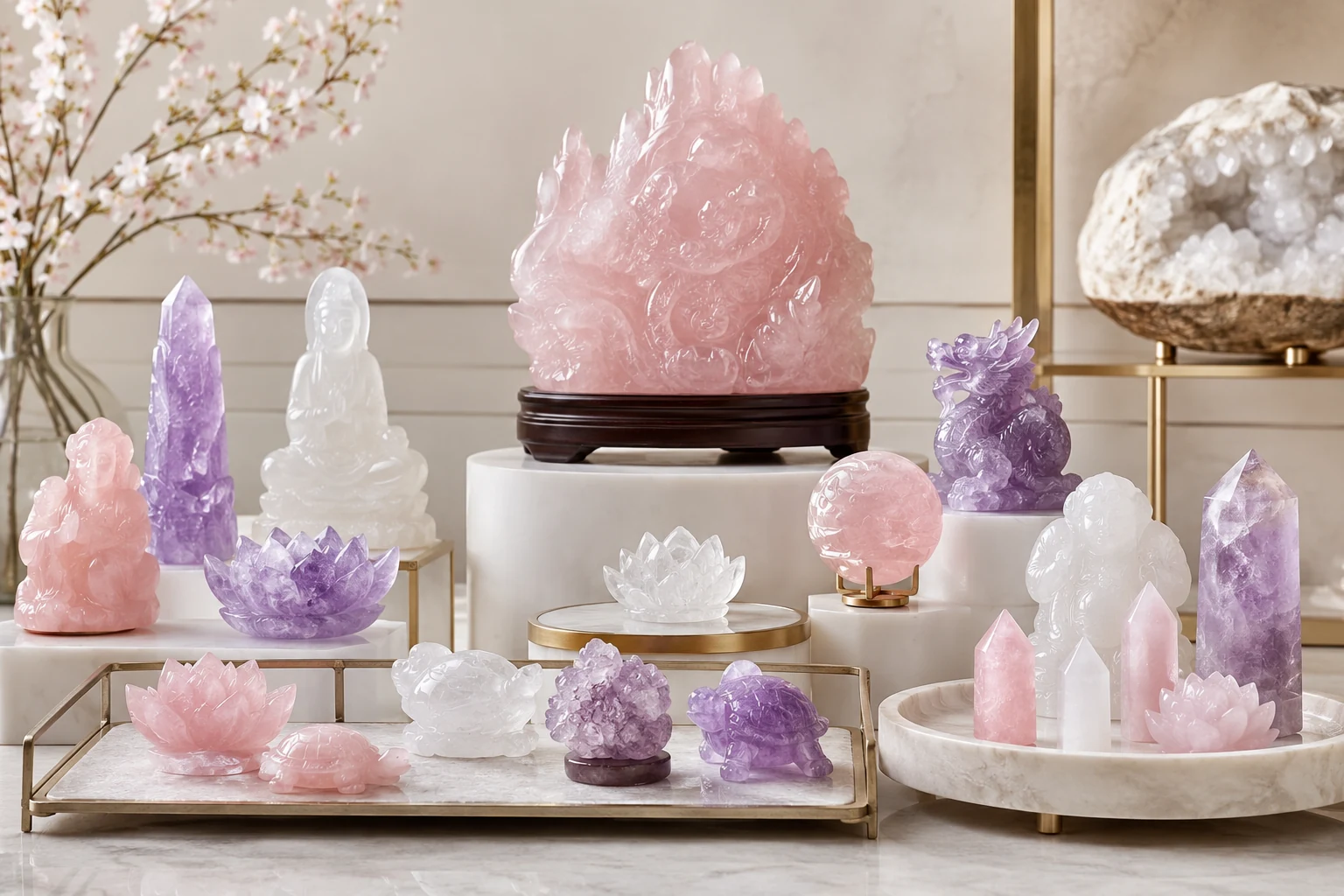A visually appealing display of crystal carvings using risers and color grouping