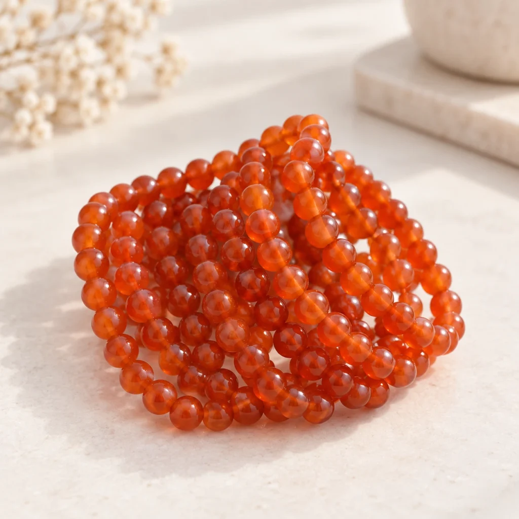 Orange red gemstone bead bracelet strands displayed on a light neutral tabletop