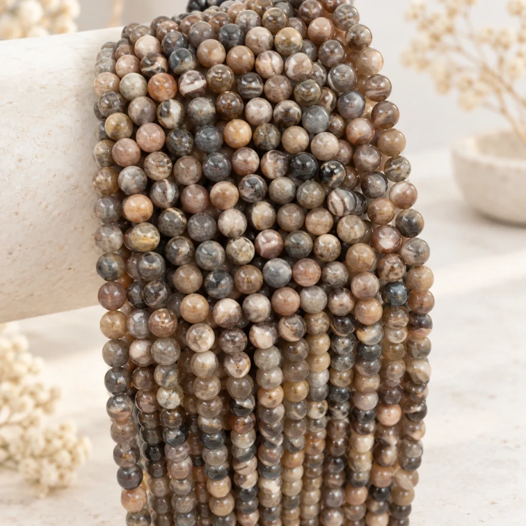 Earth tone natural gemstone round bead strands draped on a neutral display form