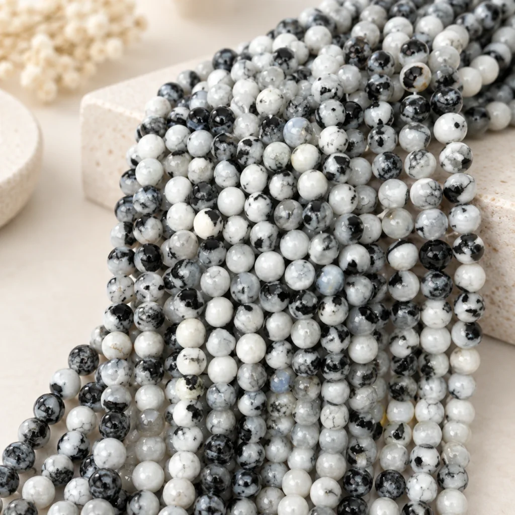 Black and white patterned gemstone bead strands draped on a neutral display form