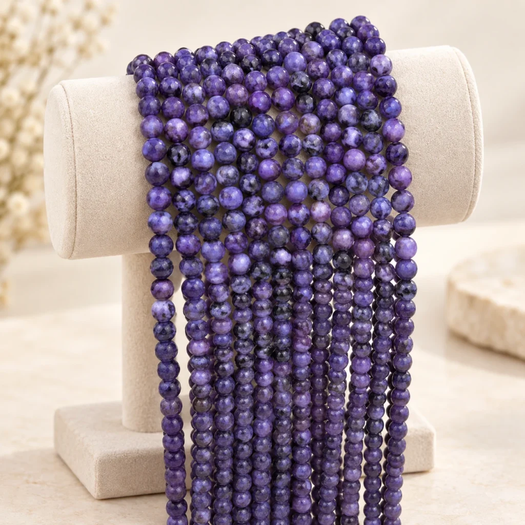 Purple natural gemstone round bead strands draped on a neutral display form
