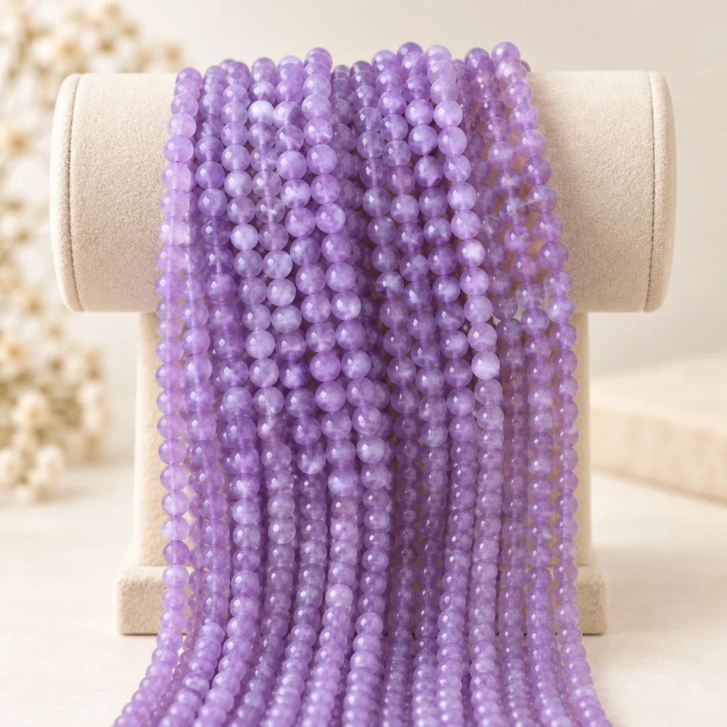 Light lavender natural gemstone round bead strands draped on a neutral display form