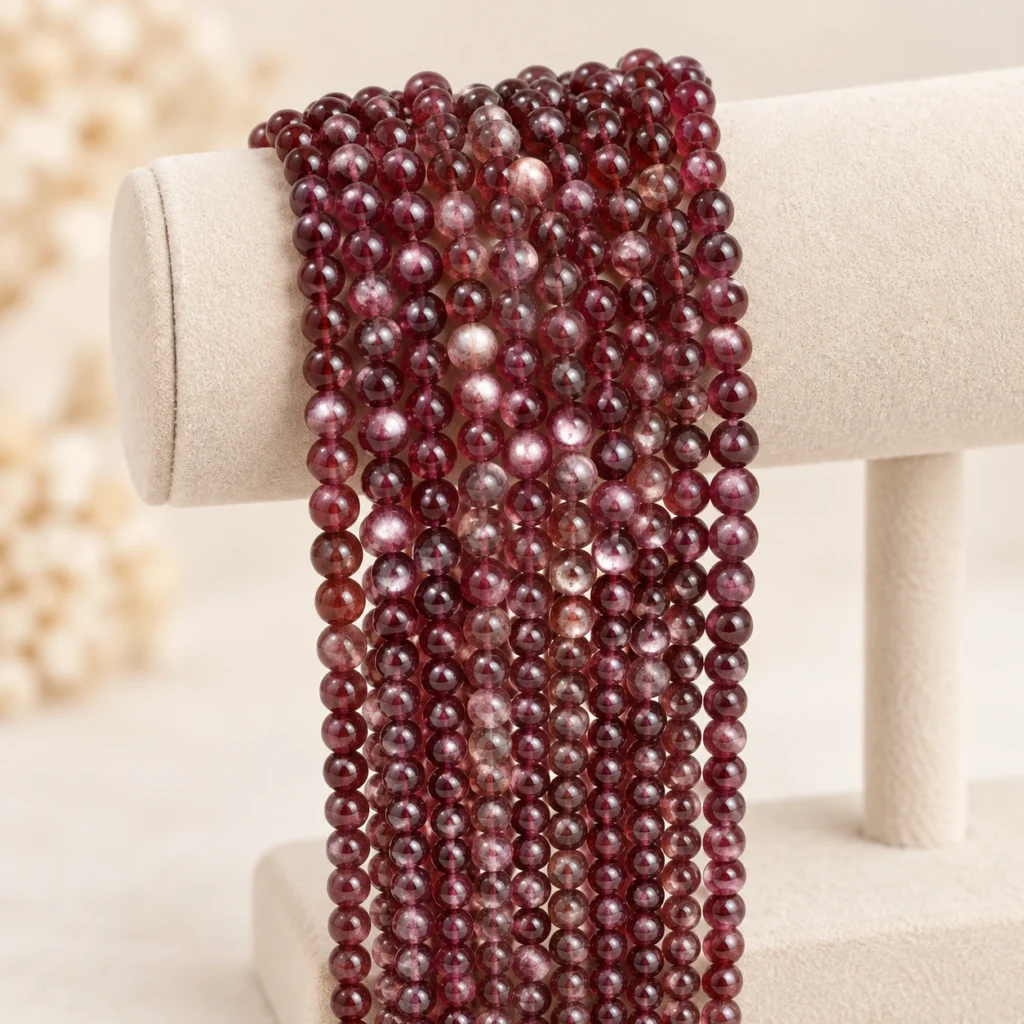 Deep burgundy round gemstone bead strands arranged over a cream velvet display stand in a minimalist setting.