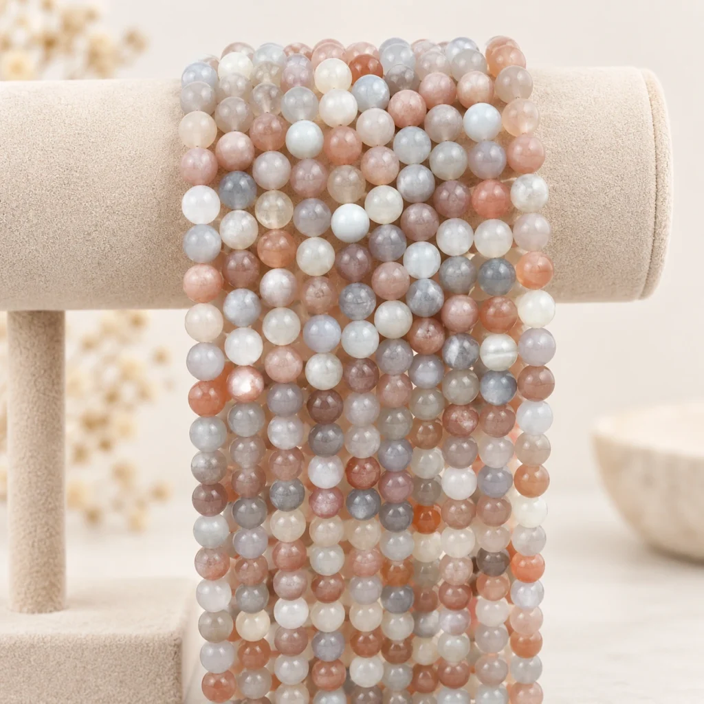 Pastel mixed round gemstone bead strands in soft pink, cream, grey, and pale blue tones displayed on a velvet stand.