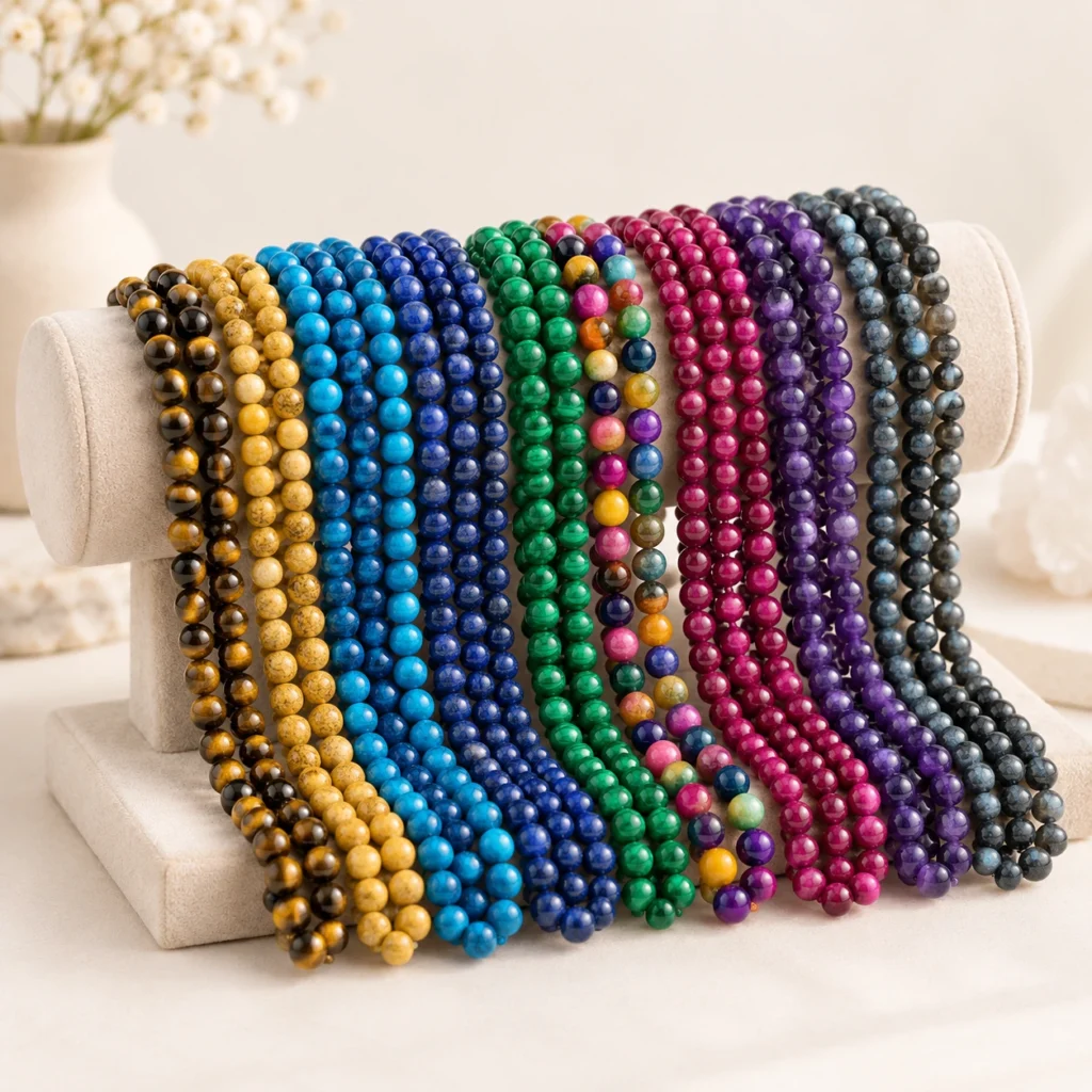Assorted colorful round gemstone bead strands arranged across a cream velvet jewelry display stand.