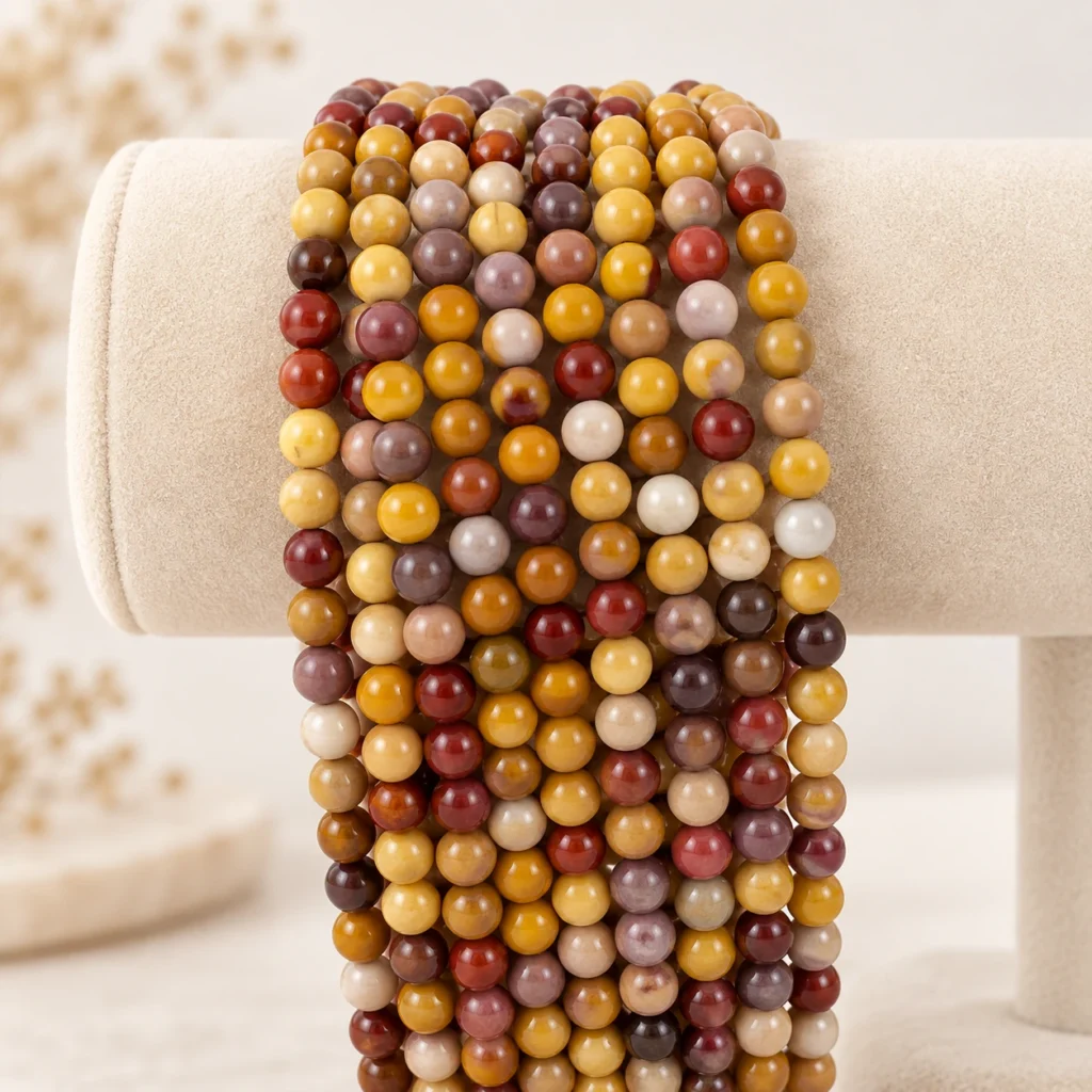 Warm-toned round gemstone bead strands in yellow, cream, tan, and red shades displayed on a cream velvet stand.