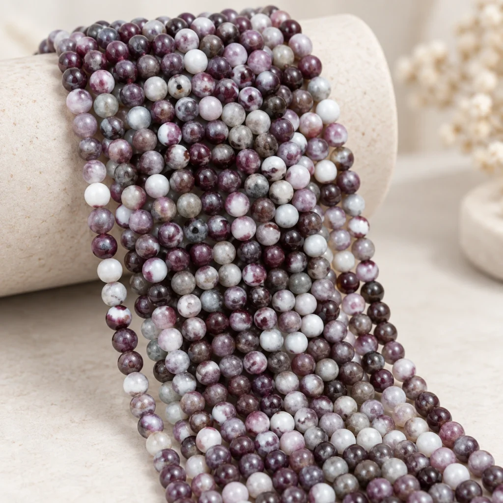 Wholesale Pink Tourmaline 4mm round bracelet bead strands displayed on a light minimalist tabletop.