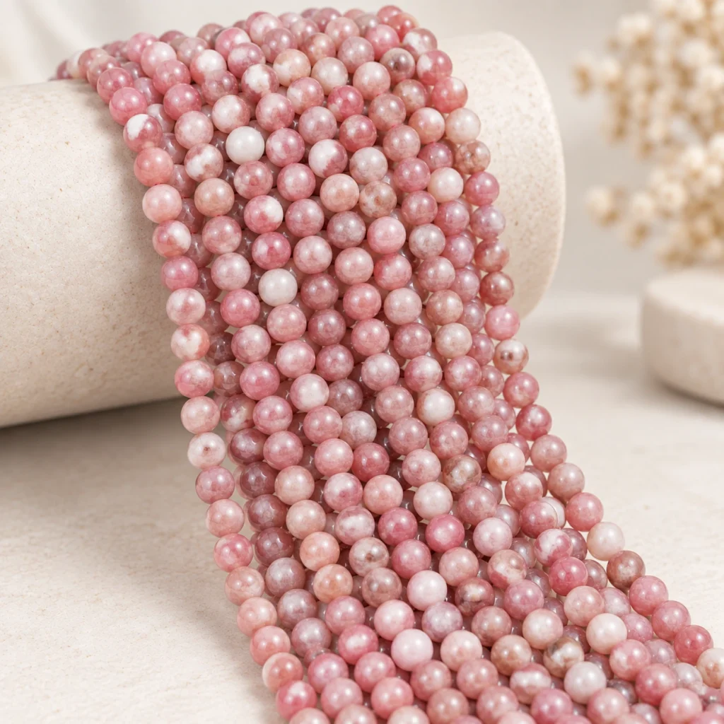 Wholesale Rhodochrosite 6mm round bracelet bead strands displayed on a light minimalist tabletop.