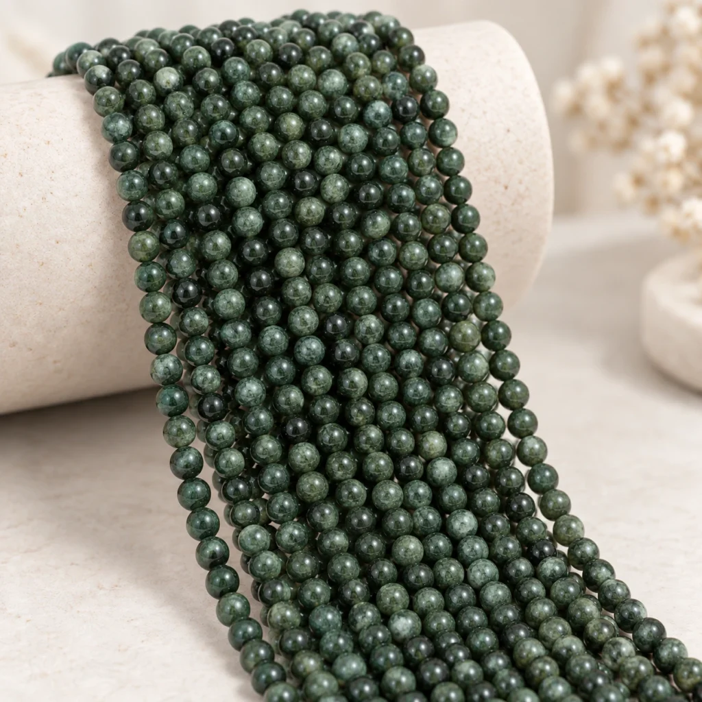 Wholesale Seraphinite 4mm round bracelet bead strands displayed on a light minimalist tabletop.