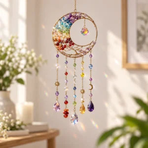 Rainbow crystal crescent moon suncatcher with hanging faceted crystal ornaments in a bright interior setting.
