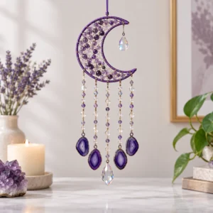 Purple amethyst crescent moon crystal dream catcher with hanging crystal drops in a light interior setting.
