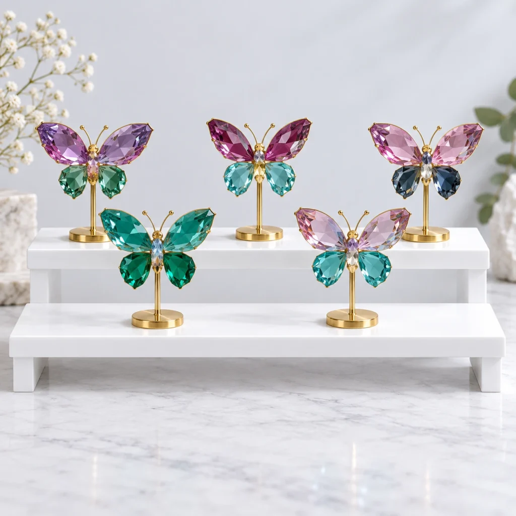 Crystal butterfly ornaments in mixed colors displayed on elegant gold stands in a bright studio scene.