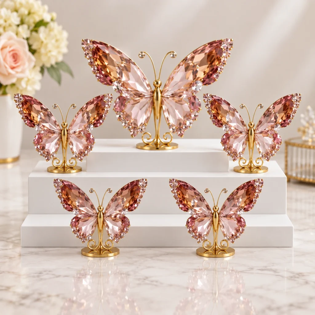 Luxury pink crystal butterfly ornaments with gold stands arranged on a white tiered display.