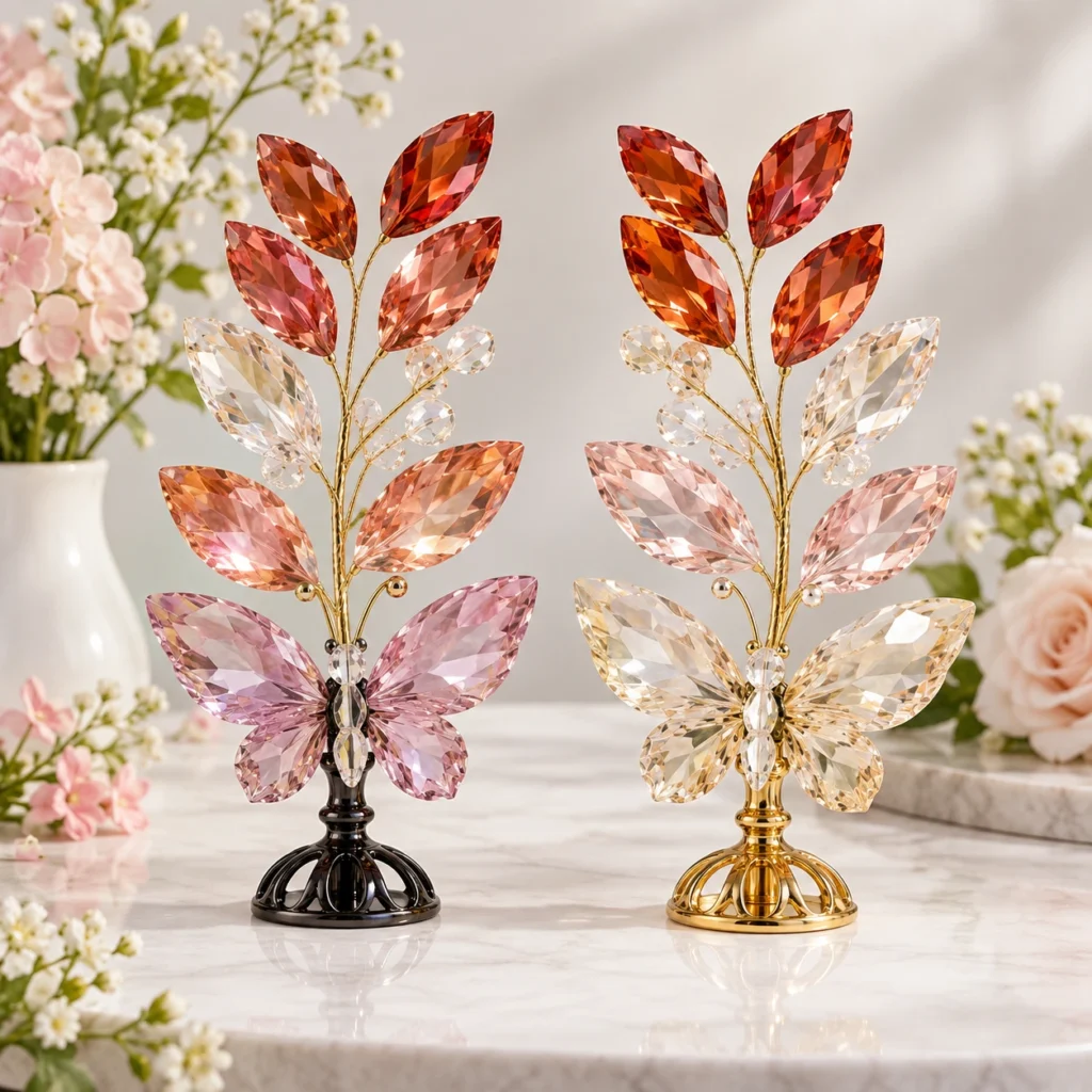 Elegant crystal butterfly ornaments with faceted pink, peach, and clear wings on decorative stands.