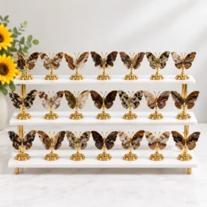 Luxury stone-pattern crystal butterfly three-tier display stand for decorative retail display