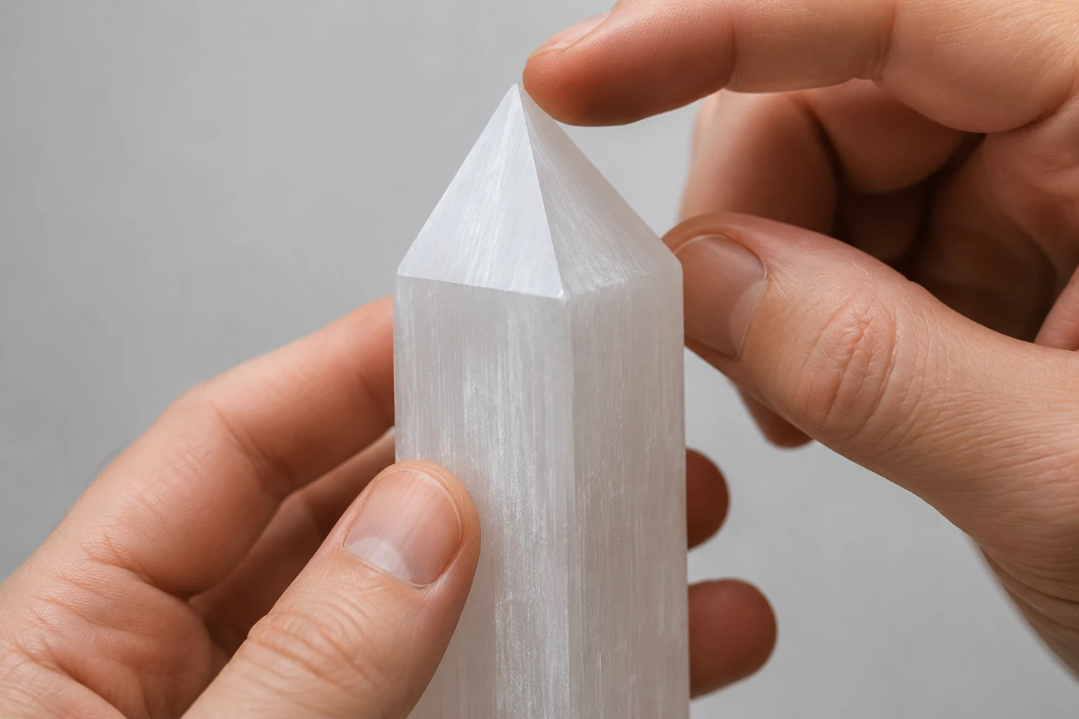 Inspecting Selenite Carving Quality A hand inspecting the tip of a selenite tower for chips and checking the smoothness of its polish.