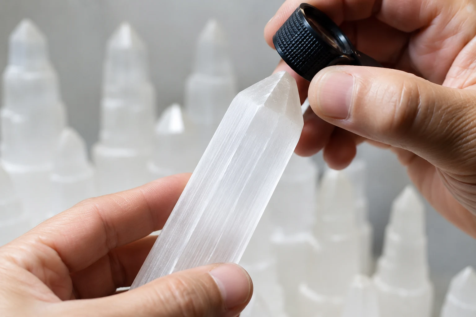 Inspecting Selenite Quality A hand inspecting the tip of a polished selenite tower for chips.