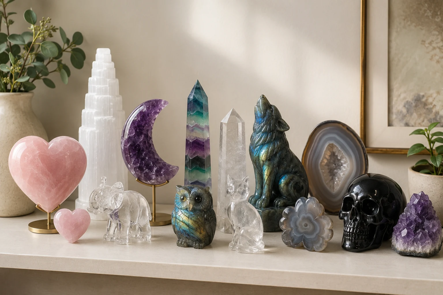 A collection of different crystal carvings displayed together on a shelf