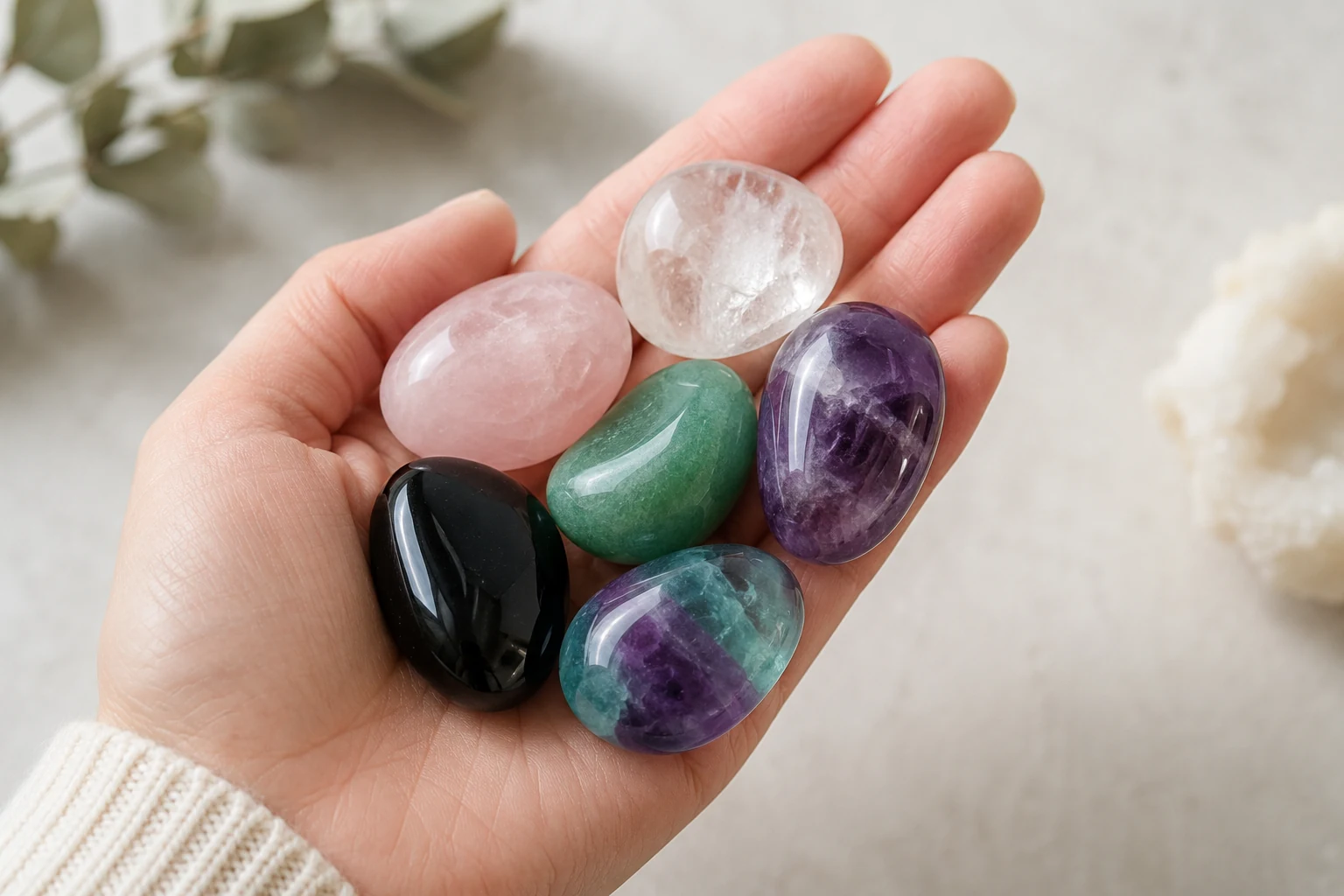 A hand holding a mix of different crystal palm stones