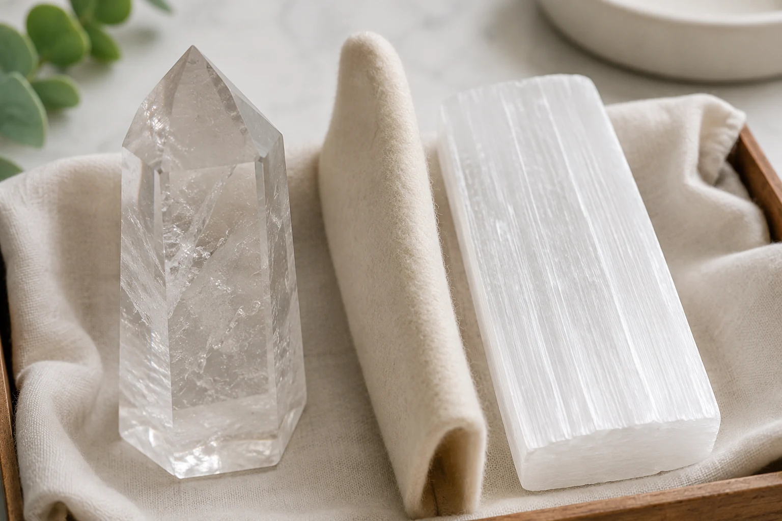 A soft cloth separating a quartz tower from a selenite slab