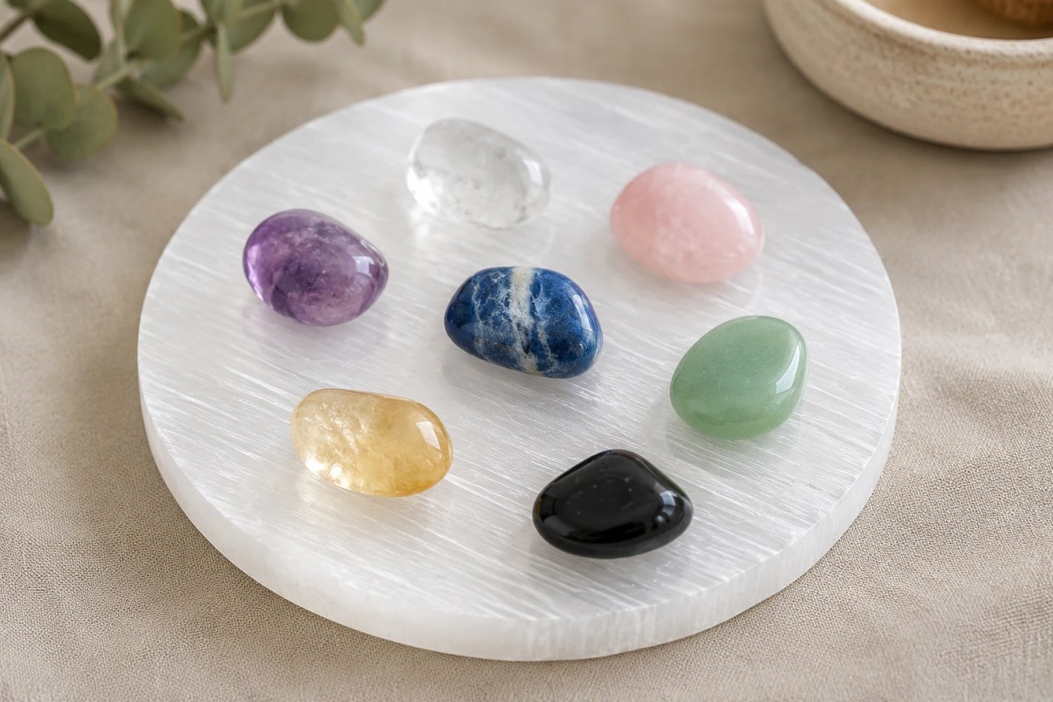 Selenite Charging Plate for Crystals A selenite charging plate with several smaller tumbled stones on it.