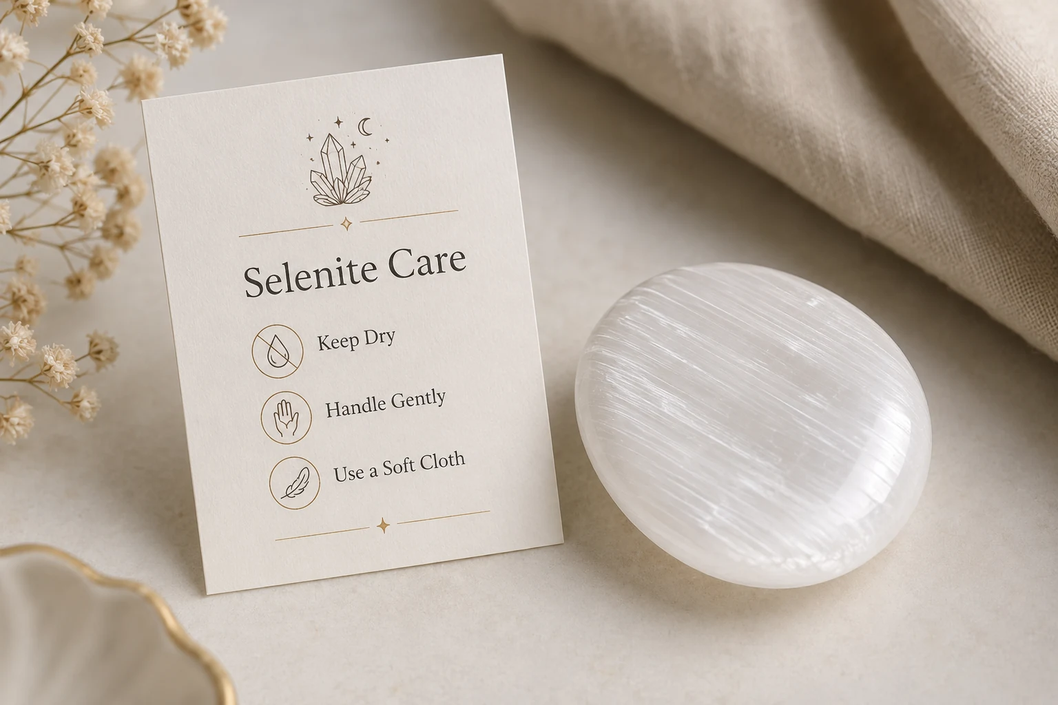 Selenite Crystal Care Instructions Card A small, elegant care card for selenite placed next to a selenite palm stone.