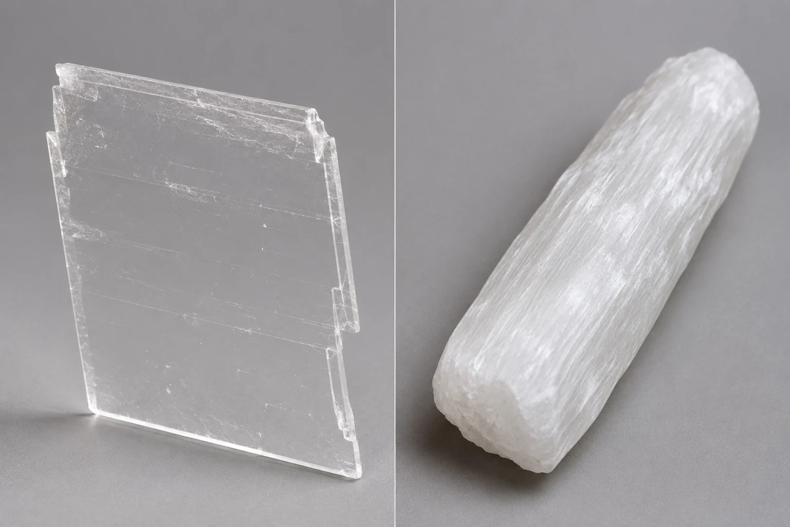 Selenite vs Satin Spar Gypsum A side-by-side comparison of a transparent true selenite sheet and an opaque satin spar wand.