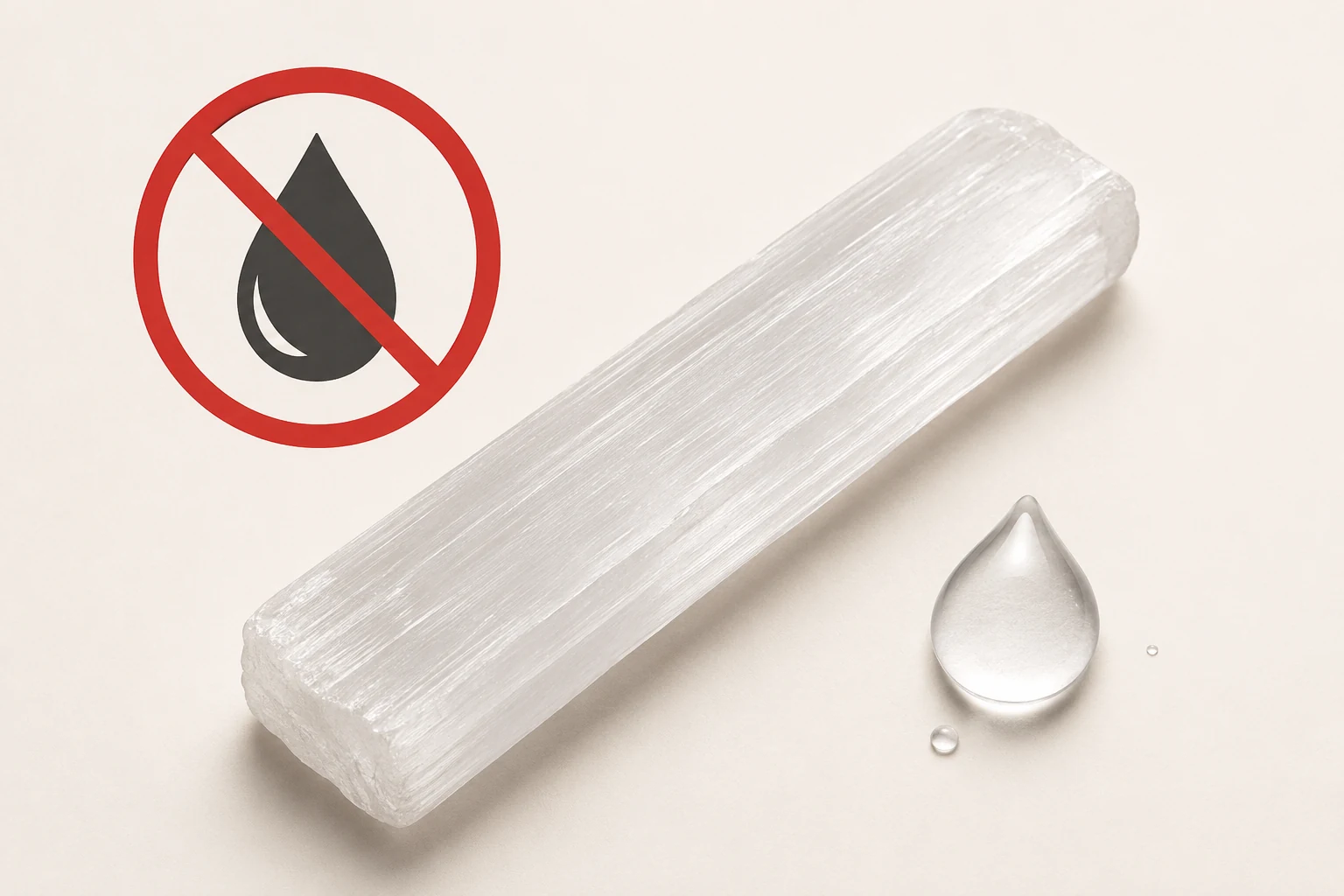 Can Selenite Get Wet Warning A warning symbol over a selenite wand and a drop of water.
