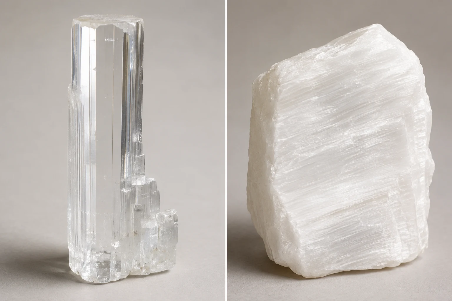 Satin Spar vs True Selenite A side-by-side comparison of transparent true selenite and fibrous satin spar.