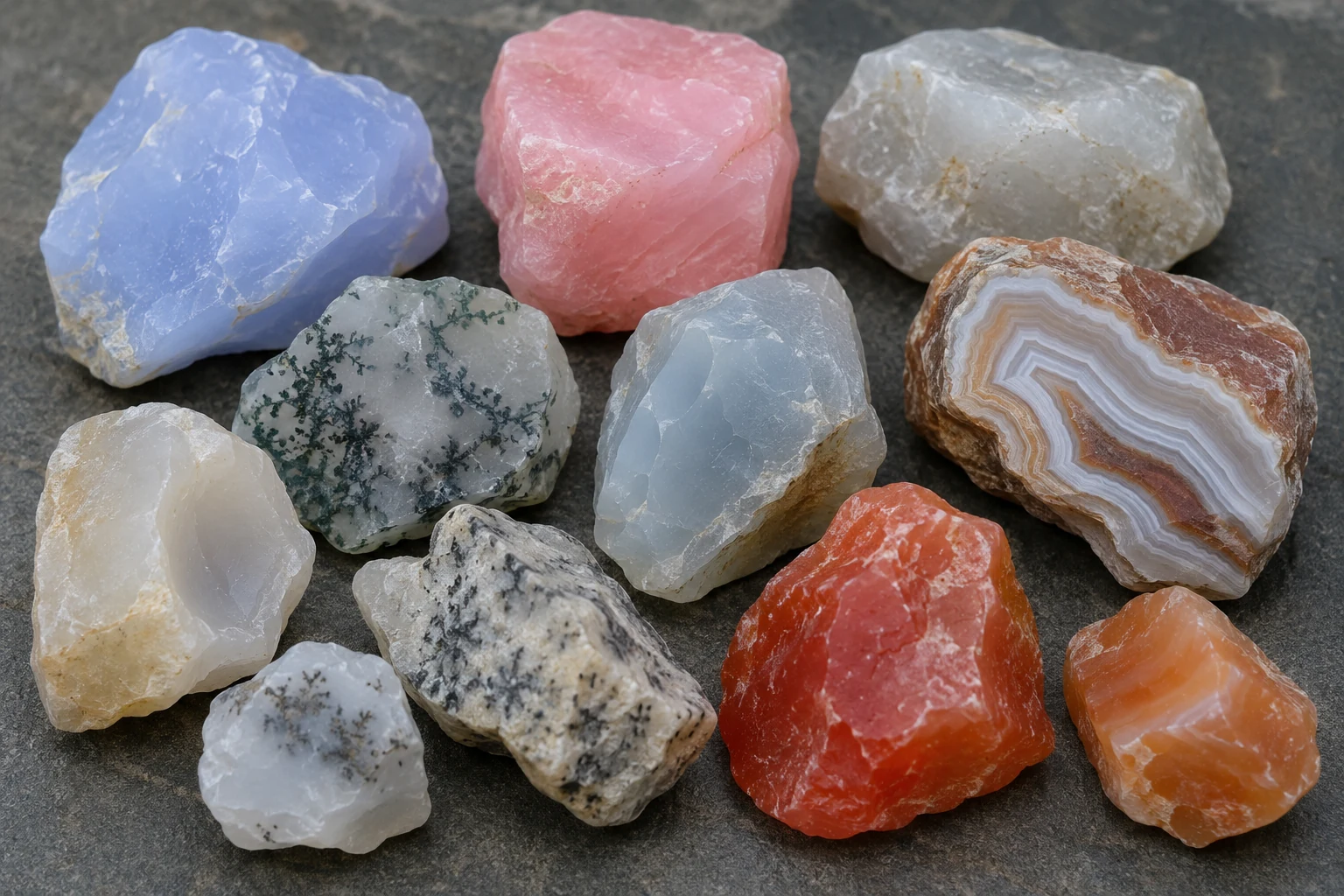 Types of Chalcedony Rough Various rough chalcedony stones showing different colors and patterns