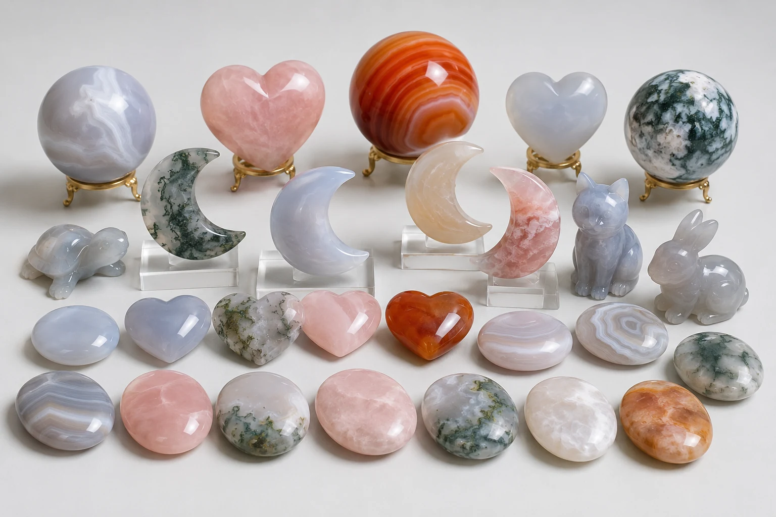 Wholesale Chalcedony Carvings A collection of various chalcedony carvings like hearts and spheres