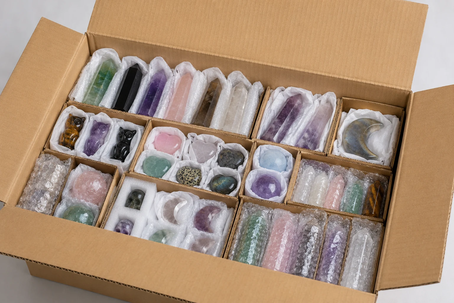 A shipping box filled with different types of individually wrapped crystal carvings