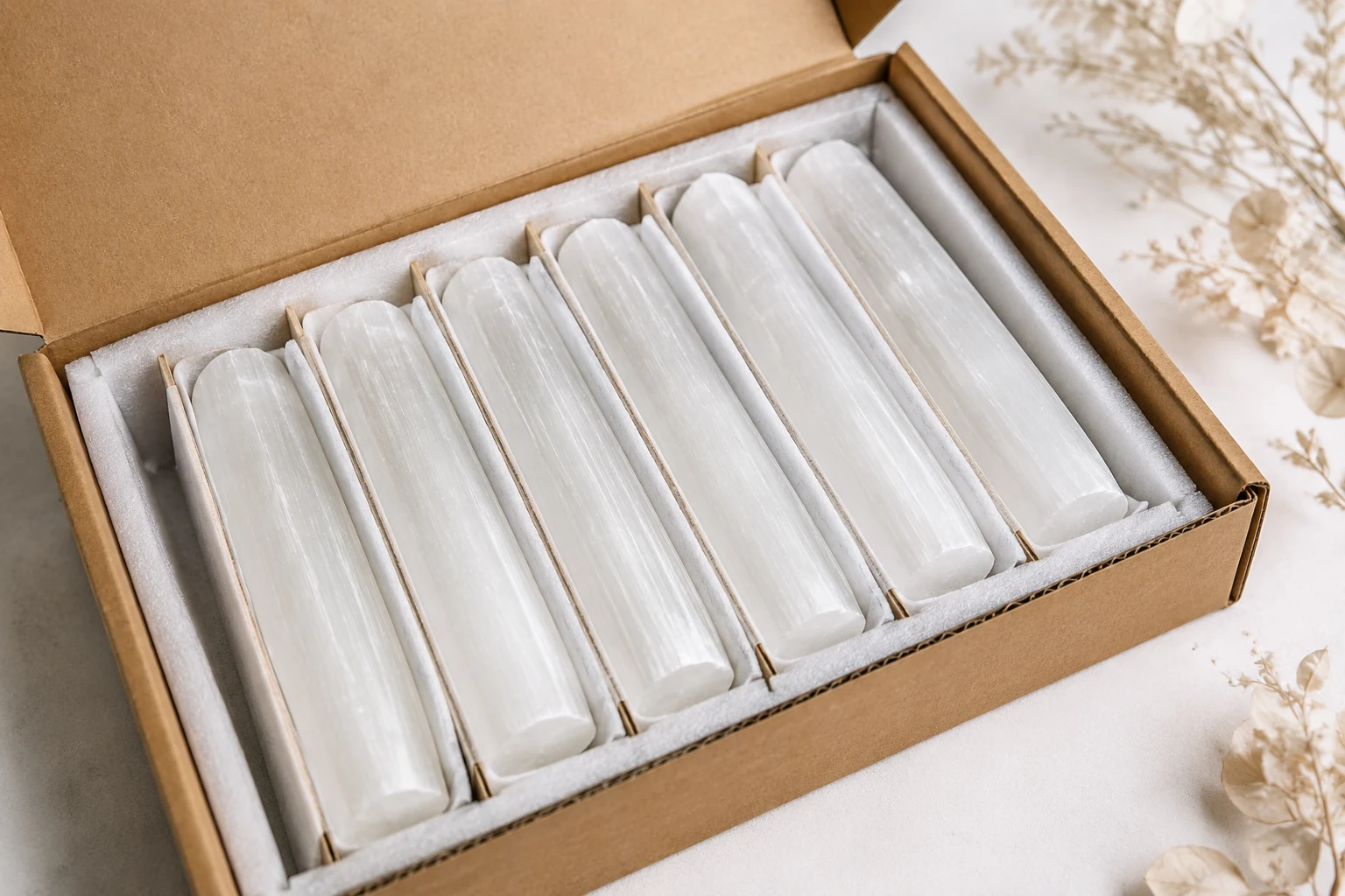 Wholesale Selenite Packaging Well-packaged selenite wands, each in an individual protective sleeve inside a box.