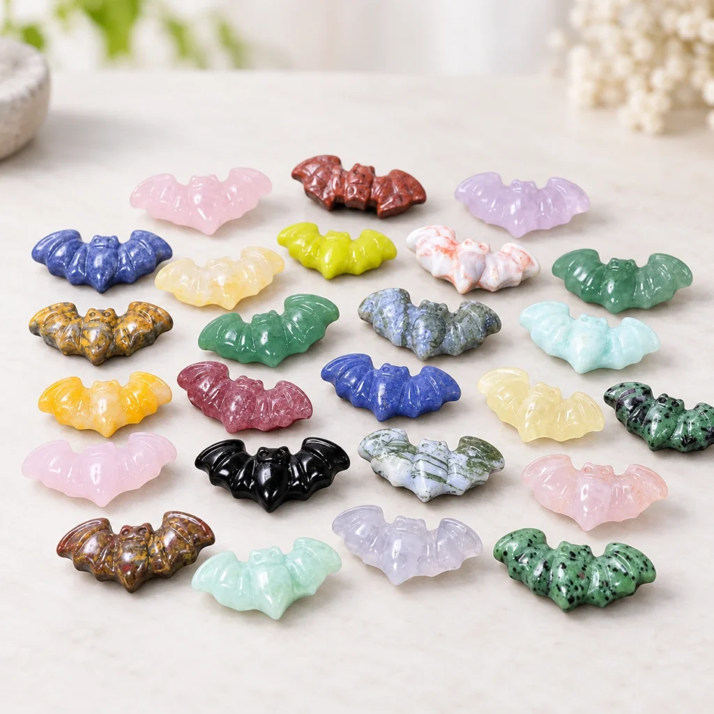 assorted natural crystal bat carvings in multiple polished stone colors on a light minimalist tabletop